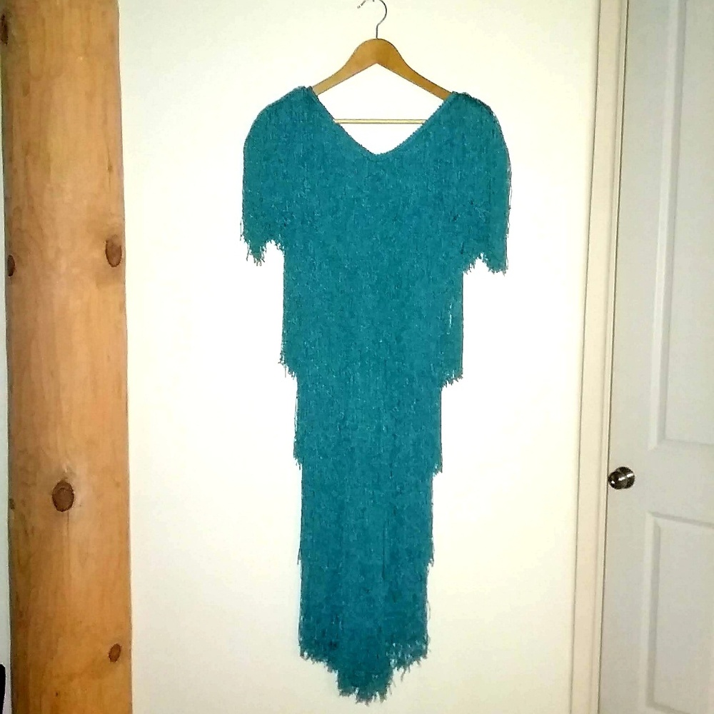 Custom Vintage fringe dress in green, size Small.
